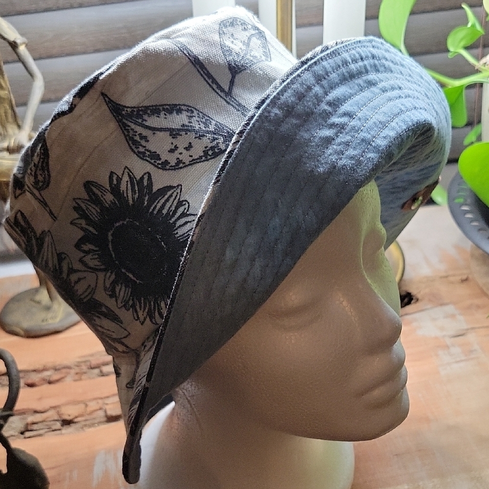 Handcrafted Floral Reversible Bucket Hat - Black and Gray